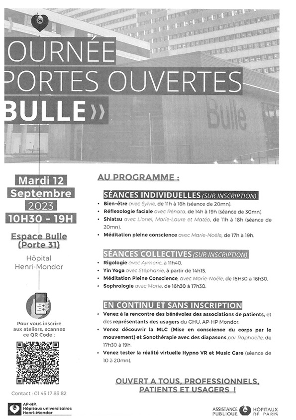 Journées portes ouvertes à l'Hôpital Henri Mondor à la "Bulle Bien-Etre" Mardi 12 septembre 2023. 10H30 à 19H dont la MLC© et les soins diapasons à partir de 17H30.