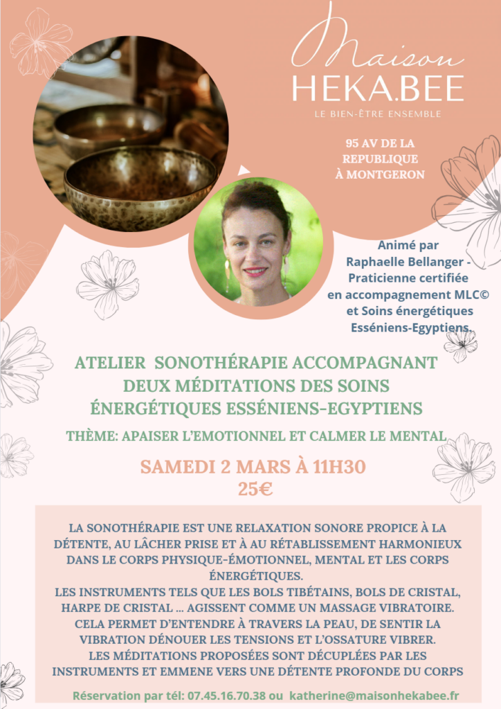 A 11H30 jusqu'à 12H30. En lien avec l'émotionnel et le mental. Atelier précédé d'un atelier MLC, préparant le corps dans l'accueil et la réception ce ces guidances.